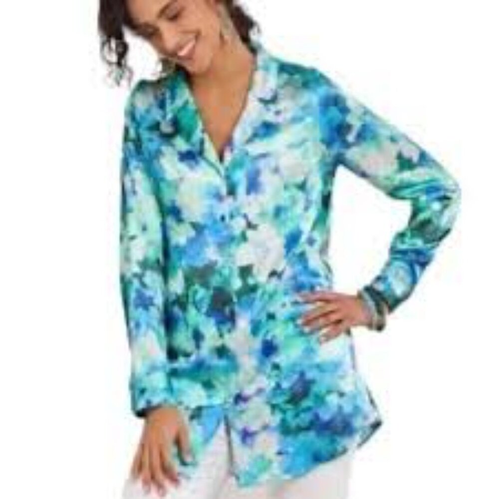 Soft Surroundings 100% Silk Blue Green Watercolor Button Front Blouse Size L
